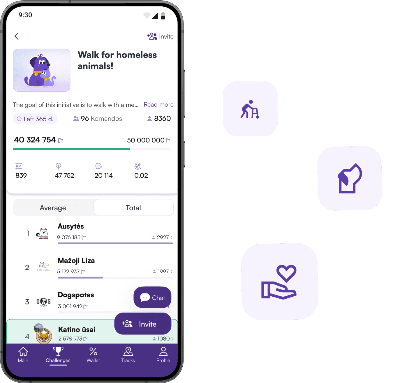 Captura de pantalla de la app móvil Camina por los animales sin hogar